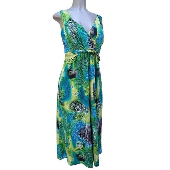 Maxi Dress Women's Medium Blue Green Abstract Mix Print Surplice Neck Sleeveless - Picture 13 of 14